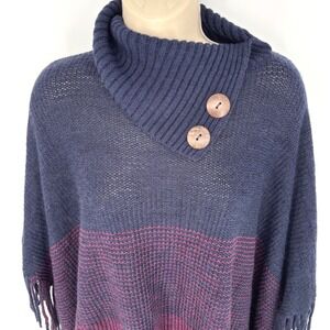 Victoria Leland Womens Navy Blue Burgundy Knit Poncho Cowl Neck Fringe NWT